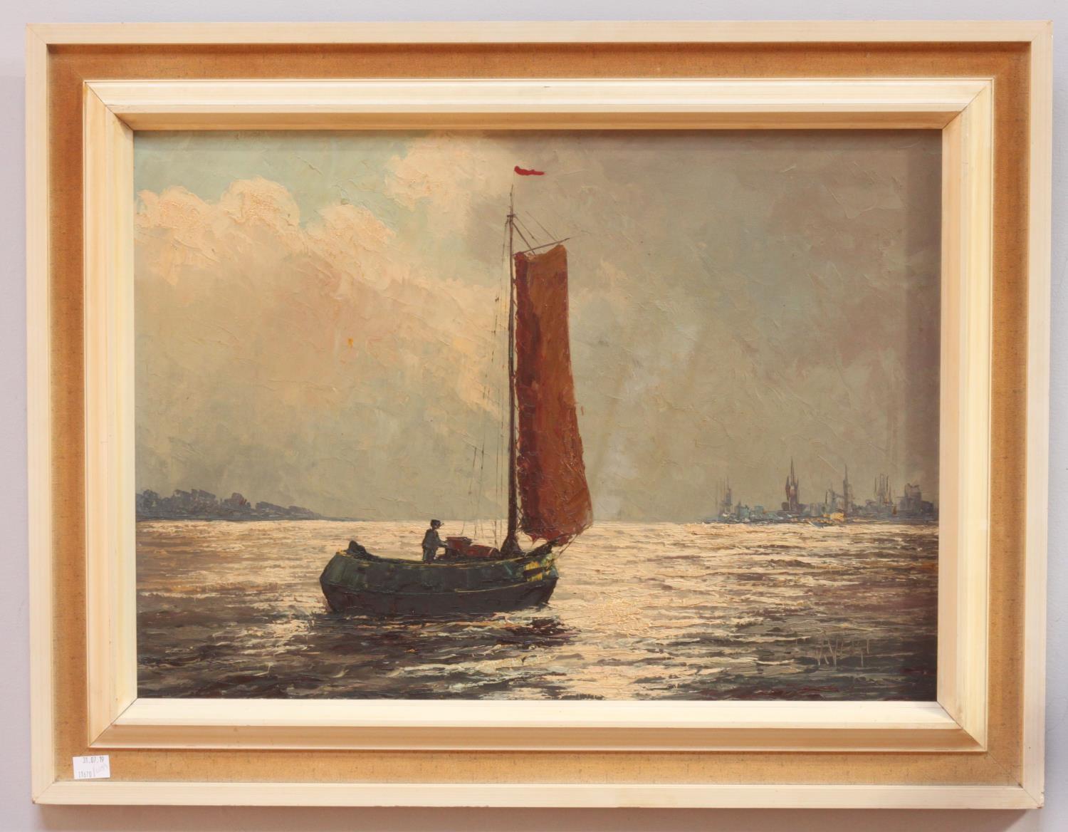 V. Vegt (20th century) Seascape study with figure in boat and buildings beyond, signed, oil on