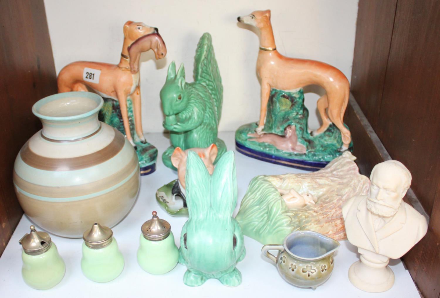 SECTION 19. A pair of Staffordshire pottery greyhounds (af) together with a Sylvac green squirrel