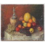 An early 20th Century oil on canvas, still life of fruit and wine, unframed, 76x63cm