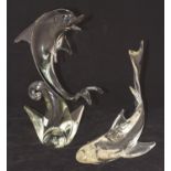 A large Murano style smoked glass figure of a dolphin on naturalistic base, approx. 36cm high,