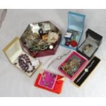 A quantity of costume jewellery and watches including a 9ct gold fine chain, pendant and earrings