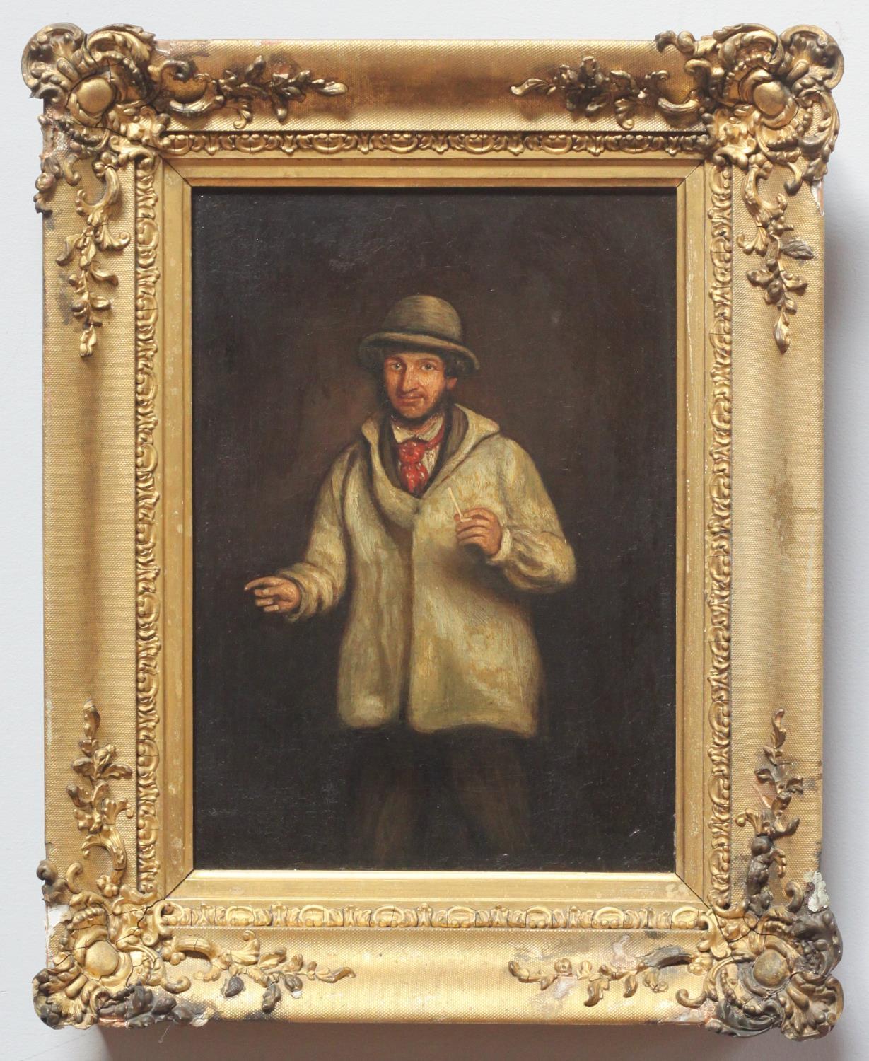 A 19th Century oil on canvas portrait of a shepherd in a white coat, gilt framed, 40x28cm