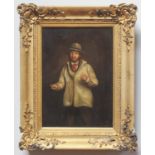 A 19th Century oil on canvas portrait of a shepherd in a white coat, gilt framed, 40x28cm