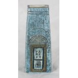 A Troika 'Coffin' vase glazed in blue and brown, marked 'PB'? to base, approx. 17.5cm high