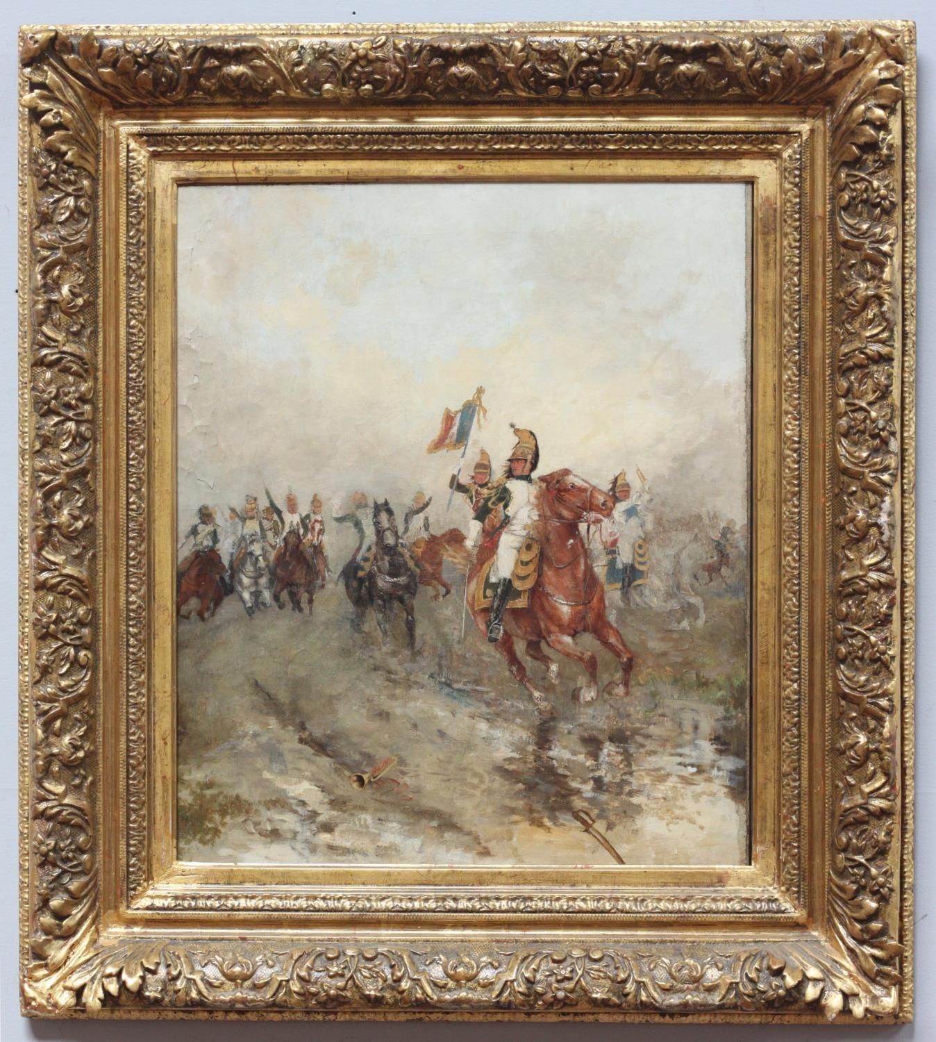 A 20th Century oil on canvas of French cavaliers riding into battle, in gilt frame, 59x49cm