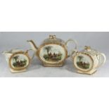 A Sadler three-piece tea set with 'The Huntsman' scene comprising teapot, sugar bowl and milk jug