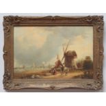 A 19th Century continental school oil on canvas coastal landscape with figures, horses and windmill,