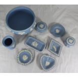 A small collection of assorted Wedgwood Jasperware items including a bowl, pin dishes, small trinket