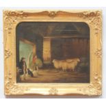 Follower of George Morland (1763-1804) oil on canvas, barn interior with shepherd and sheep, gilt