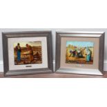 A pair of 20th Century enamel on porcelain pictures, farm scenes, 23x29cm