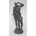 A spelter figure of a huntsman and hound, raised on circular pedestal base, 36cm tall