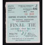 An FA Cup Final Ticket Blackpool v Manchester United, April 24th, 1948, Price 7/6, good condition
