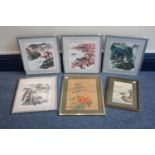 Six assorted Chinese paintings on silk, mostly depicting landscape scenes with figures, boats and