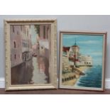 A Venetian canal scene, indistinctly signed, oil on canvas in contemporary white and gilt frame,