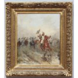 A 20th Century oil on canvas of French cavaliers riding into battle, in gilt frame, 59x49cm