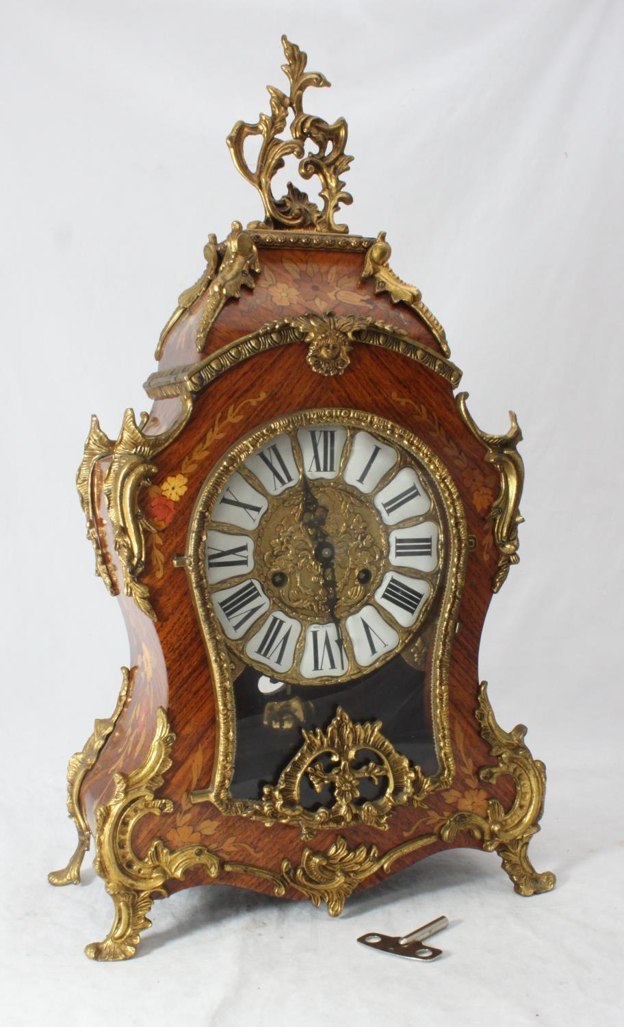 A contemporary French Bracket clock in the Louis XV style, brass and enamel dial with Roman - Image 2 of 3