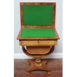 A Victorian burr-walnut ladies workbox/card table, with inverted satin-covered storage box,