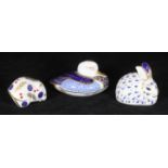 Three various Royal Crown Derby porcelain paperweights, duck, rabbit and mouse (3)