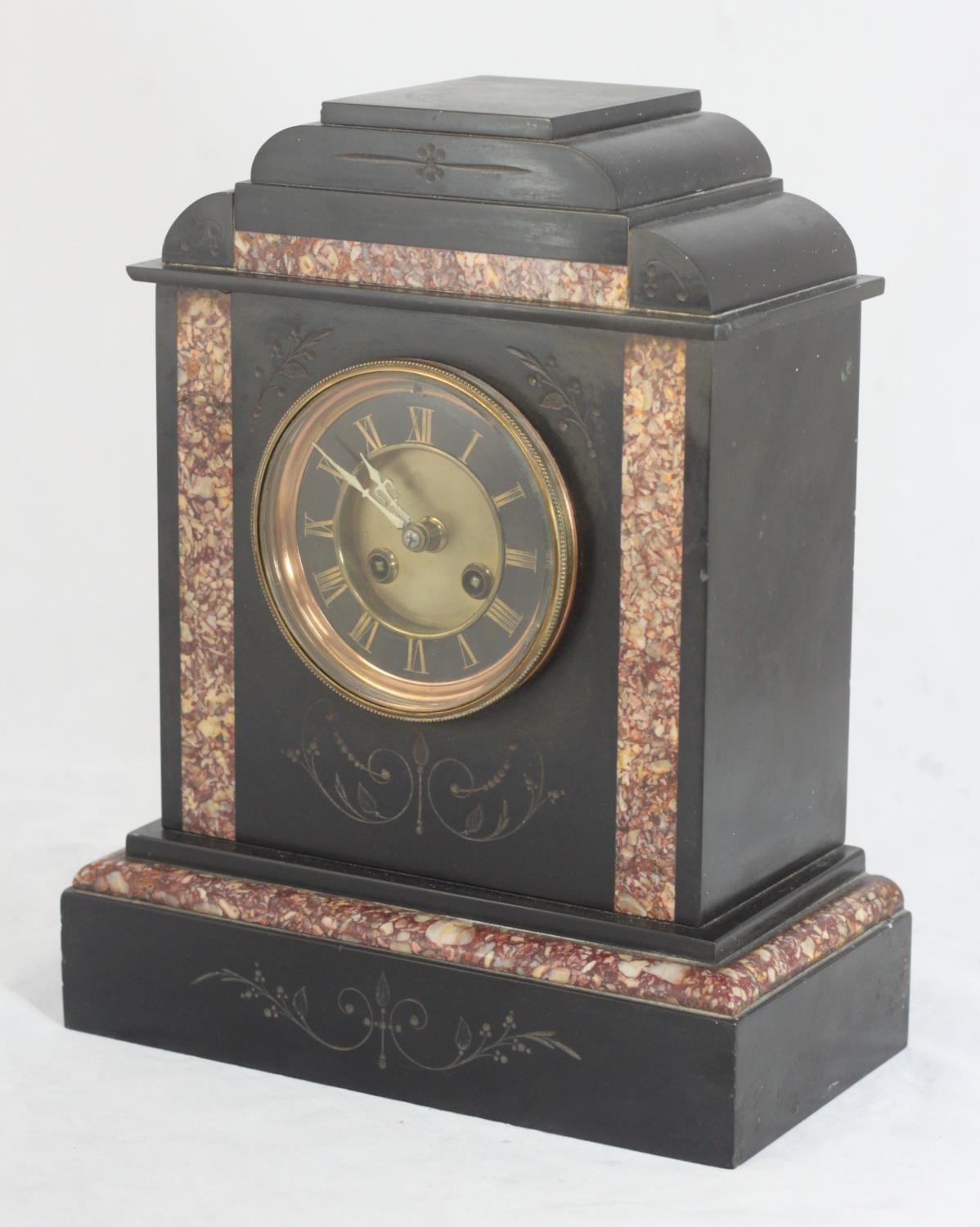 A Victorian black slate and red marbled mantel clock, black dial with gold Roman numerals, approx.