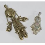 A silver-gilt articulated dolly pendant, 9cm, and a smaller silver example, 6cm