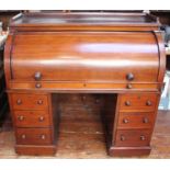 19th century walnut and satinwood veneered tambour top cylinder bureau, with sliding adjustable