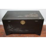 A carved and stained camphor-wood lined blanket box, 101cm wide