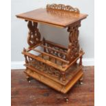 A Victorian burr-walnut Canterbury-Watnot, with fret-carved lyre sides, and drawer to the base, 58cm