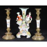 A 19th C German porcelain candelabrum base, probably Sitzendorf, modelled with a pastoral couple