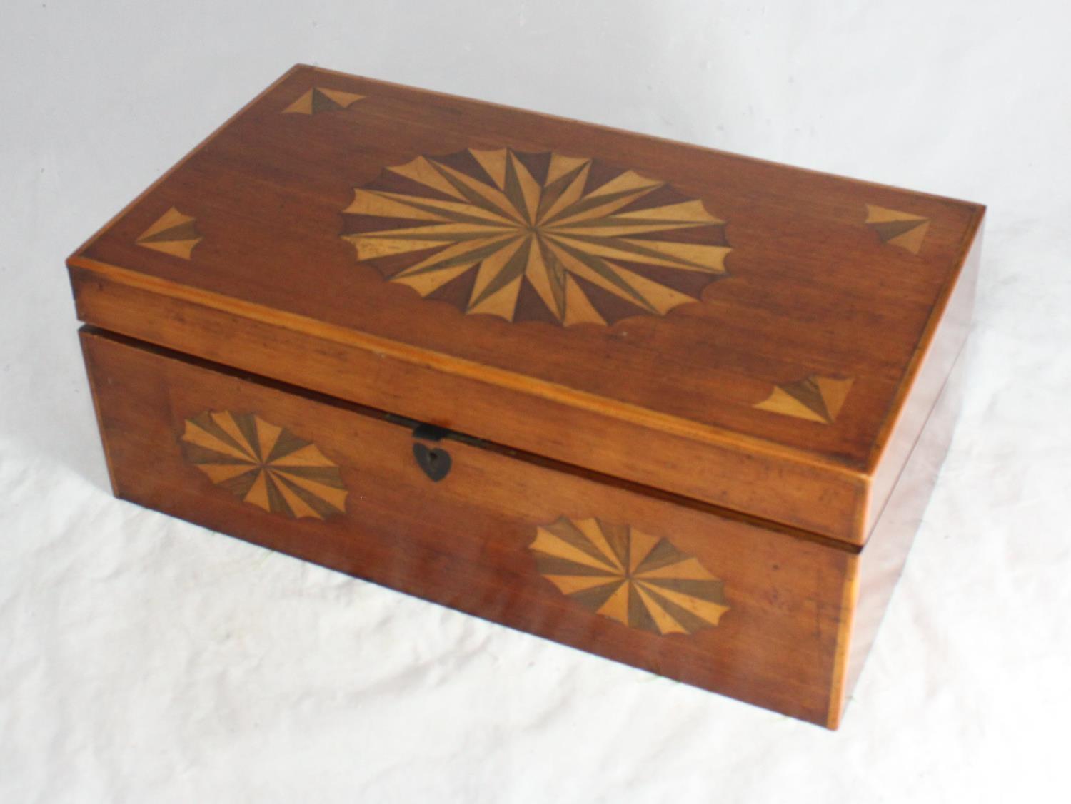 A 19th century mahogany and parquetry writing slop, with typical interior and ebony rule in fitted