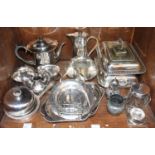 SECTION 55. A three-piece Mappin & Webb silver-plated tea set, together with two tureens and