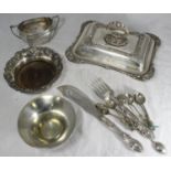 Silver-plate including a rectangular tureen & cover, wines coaster, sugar bowl and pair of fish