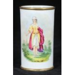 An early 19th century Staffordshire porcelain cylindrical vase, with gilt rim and hand-painted