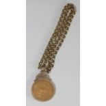 A 1974 1oz Krugerrand in 9ct gold pierced mount on 9ct gold belcher chain, gross weight