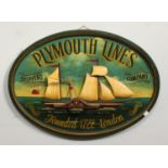 An oval Plymouth Lines Shipping Company wooden sign 'founded 1722' depicting a paddle steamer in