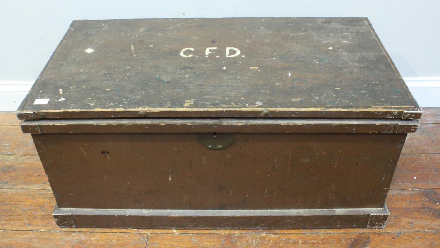 A painted wooden and metal-bound travelling trunk, twin metal handles, painted initials to the cover - Image 2 of 4