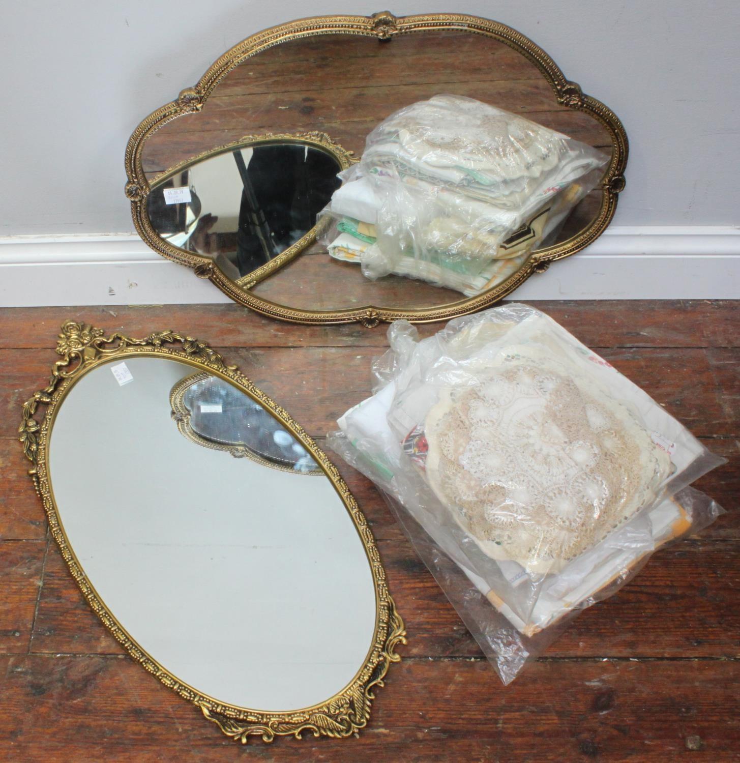 Two various gilt-metal framed oval mirrors, together with a small quantity of lace and linen - Image 2 of 2