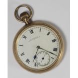 A 9ct gold open-face pocket watch by T. Fattorini Bolton & Skipton, the white enamel dial with Roman