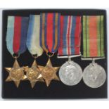 A set of five WW2 medals comprising 1939-45 Star, Burma Star, Atlantic Star, Defence Medal and