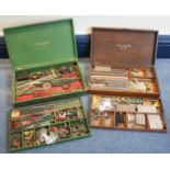 Two various Meccano No.6 wooden boxes, with contents, including gears