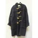 A men's 3/4 length navy blue duffel coat by Gloverall, cream wooden toggles, 80% wool, made in