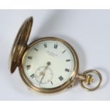 A 9ct gold full-hunter pocket watch by J. W. Benson, c.1928, the white enamel dial with Roman
