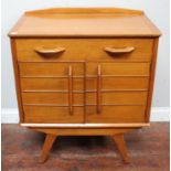 A modern teak effect drinks cabinet with raised back, two drawers above a pair of cupboard doors,