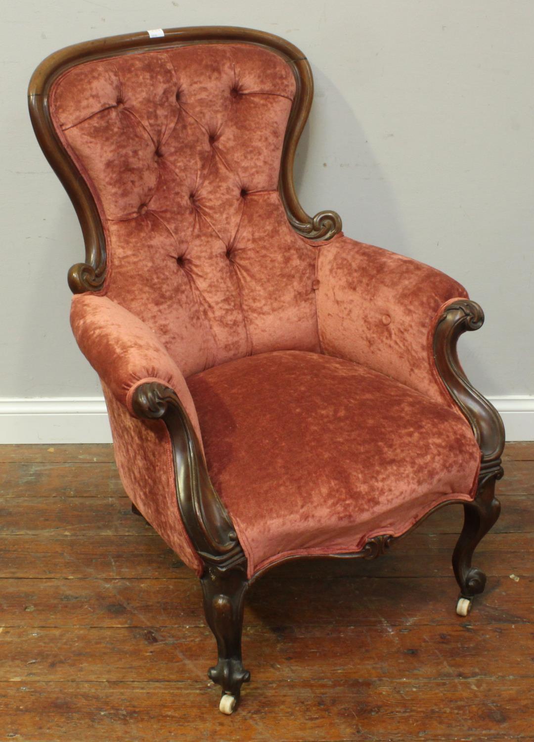 A Victorian stained walnut armchair with rouge velvet deep-button upholstery - Image 2 of 2