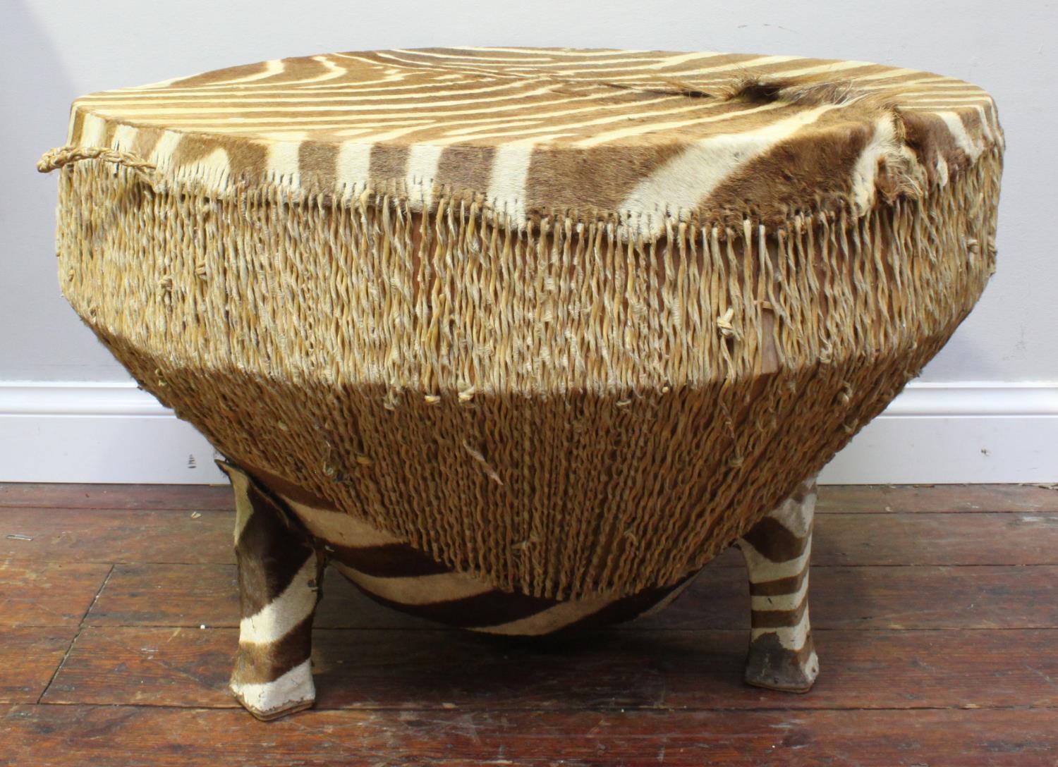 A large antique zebra hide floor drum table believed to be early 20th century with twisted rawhide - Image 2 of 6