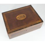 A marquetry and parquetry sewing box, with compartmented interior, 36cm wide