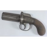 19th century six-shot Pepperbox pistol, .36 calibre, with concealed percussion cap box-lock, 3-