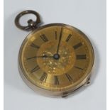 A Continental gold open faced pocket watch, stamped 9k, gilt dial with central floral motif, black