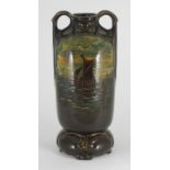 A Royal Doulton 'style' brown glazed twin handled vase, with sailing barge and birds beyond, 33cm