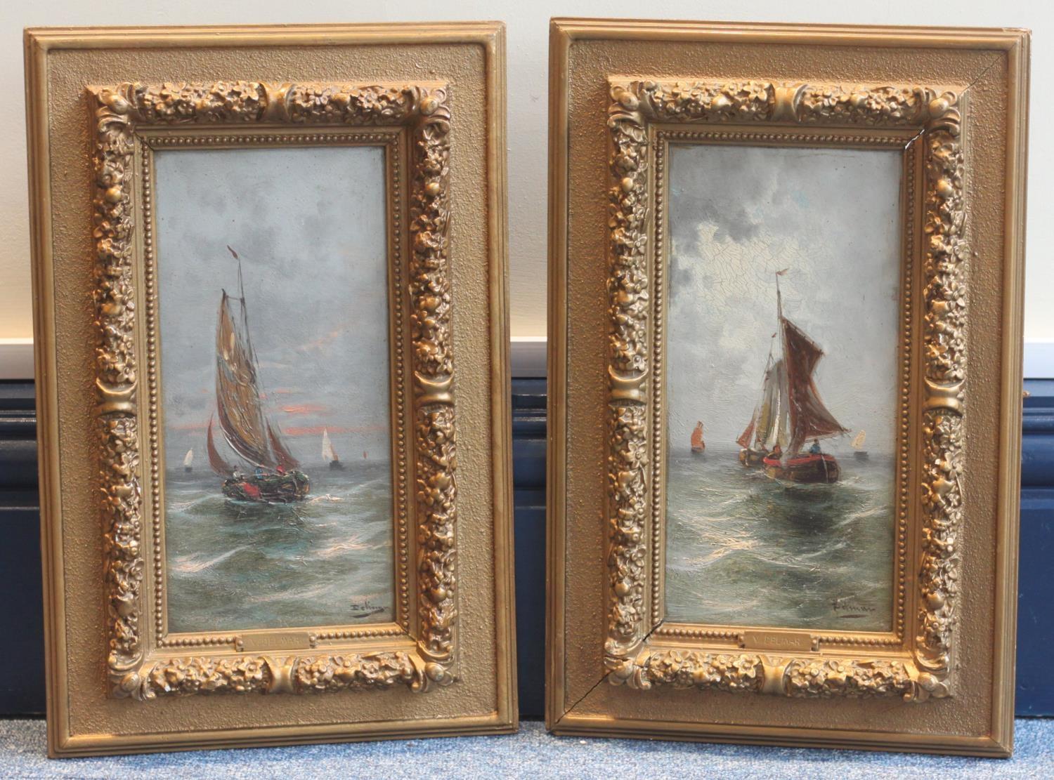 William Delmar (1823-1856) sailing scenes, oil on board, a pair, signed lower right 'V Delmar', in