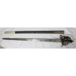 An Andrea Ferrara Scottish broadsword with basket hilt, 32" double-fullered and inscribed blade,